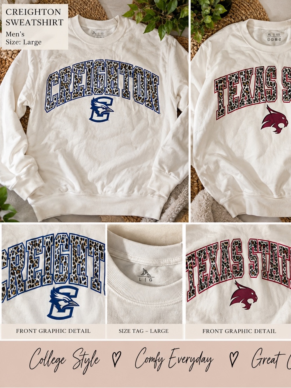 NWT Handprint White Cheetah College Crewneck Sweatshirt & Maroon Graphics